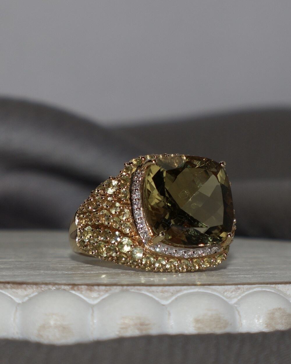 14k Yellow Gold Tourmaline, Peridot & Diamond Ring 8.9G / Sz 7